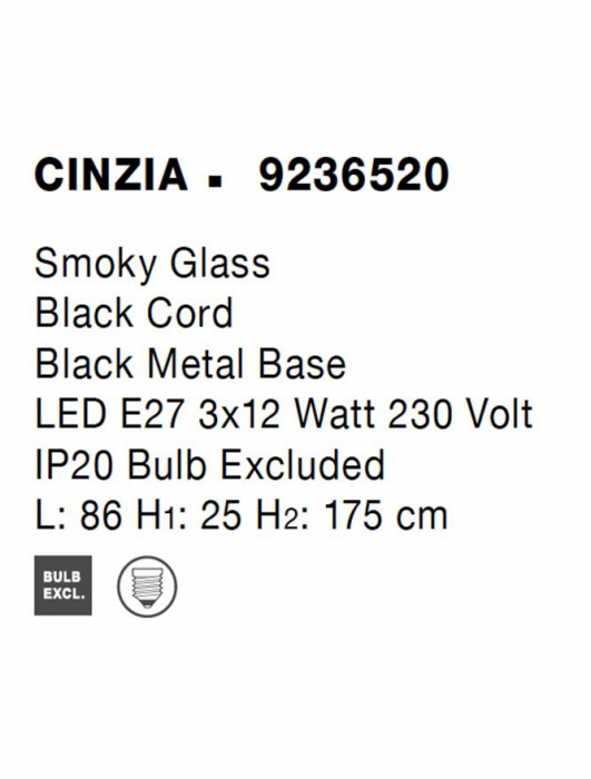9236520 Lustra Nova Luce CINZIA E27 3x12W   Metal Smoky Glass Black Cord  IP20 [9]