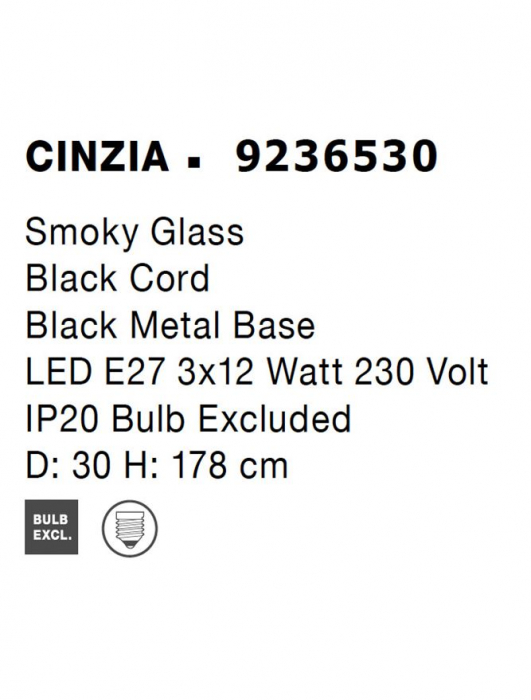 9236530 Lustra Nova Luce CINZIA E27 3x12W   Metal Smoky Glass Black Cord  IP20 [10]