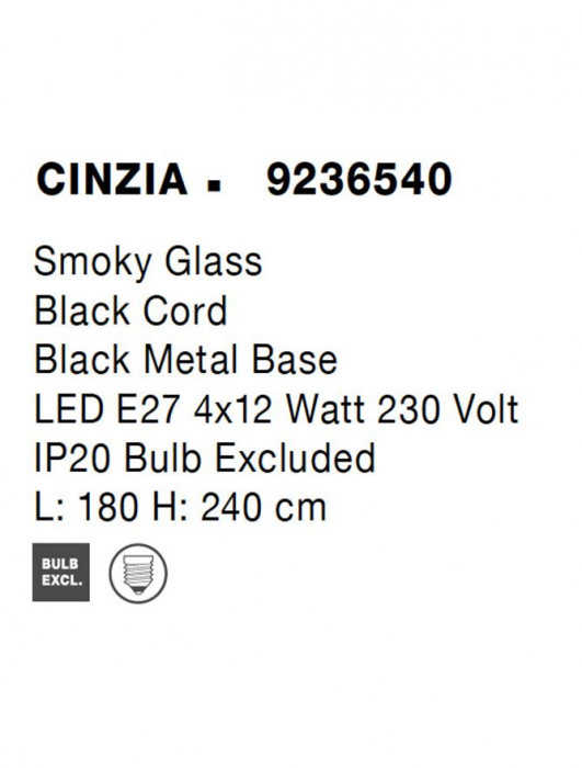 9236540 Lustra Nova Luce CINZIA E27 4x12W   Metal Smoky Glass Black Cord  IP20 [9]