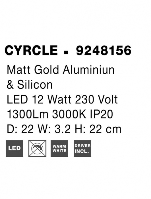 9248156 Aplica Nova Luce CYRCLE LED 12W 1300lm 3000K Aluminium & Acrylic Matt Gold Nedimabil IP20 [10]