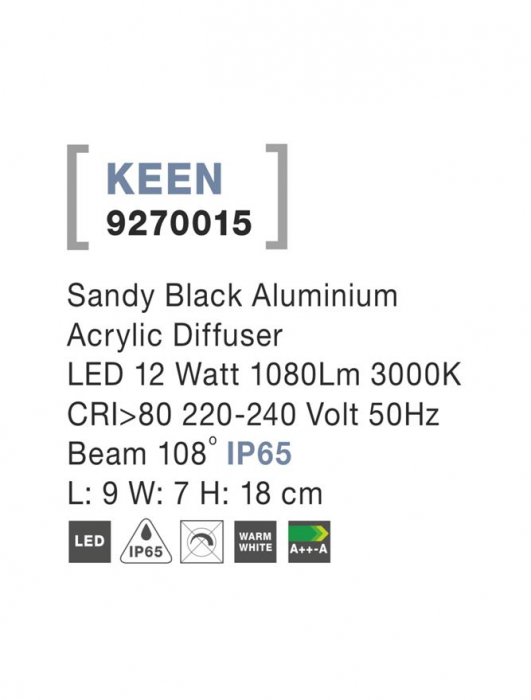 9270015 Aplica Nova Luce KEEN LED 12W 1080lm 3000K IP66 Aluminium & Acrylic Diffuser Sandy Black Beam 108 degrees [3]