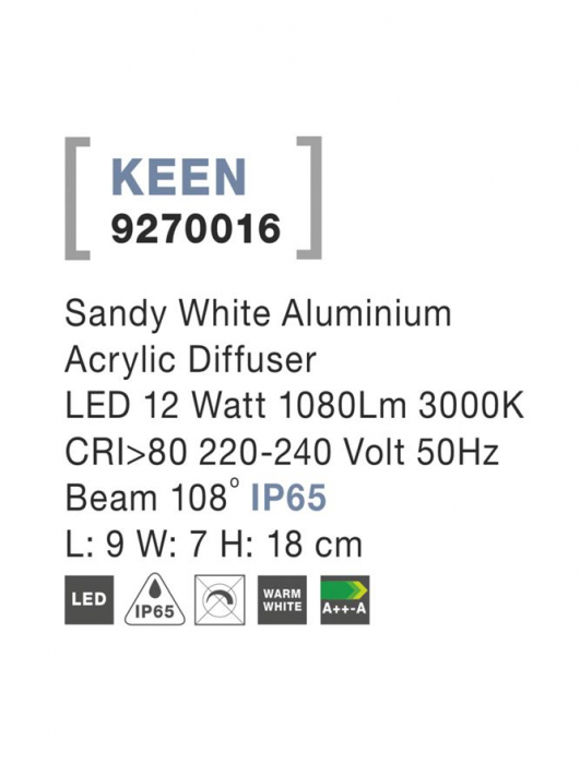 9270016 Aplica Nova Luce KEEN LED 12W 1080lm 3000K IP67 Aluminium & Acrylic Diffuser Sandy White Beam 108 degrees [3]