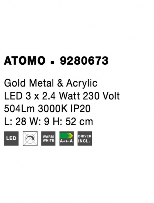9280673 Veioza Nova Luce ATOMO LED 9W 609lm 3000K Metal & Acrylic  Gold  Nedimabil IP20 [8]