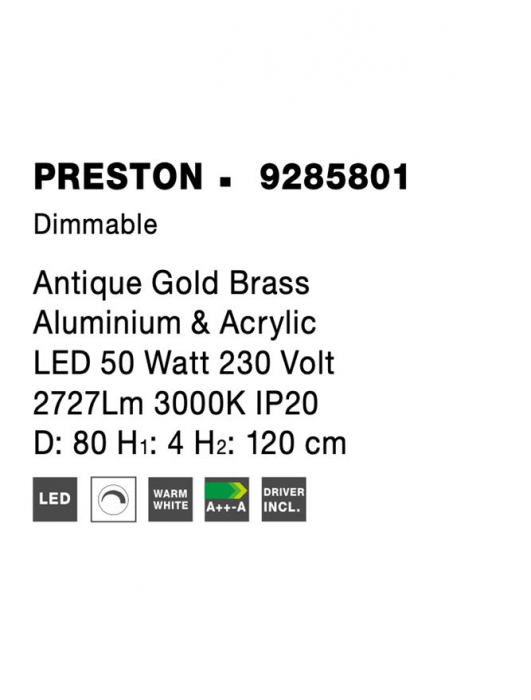 9285801 Suspensie Nova Luce PRESTON LED 50W 2727lm 3000K IP20 Aluminiu/Acril  Antique Gold Brass [4]