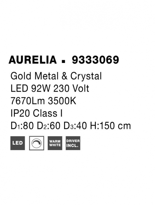 9333069 Lustra Nova Luce AURELIA LED 92W 7670lm 3500K Metal & Crystal Gold Dimabil Triac IP20 [9]