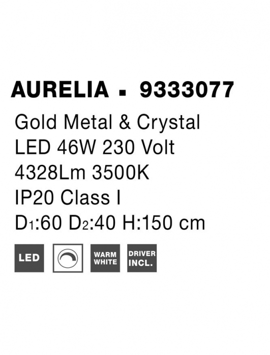 9333077 Lustra Nova Luce AURELIA LED 46W 4328lm 3500K Metal & Crystal Gold Dimabil Triac IP20 [6]