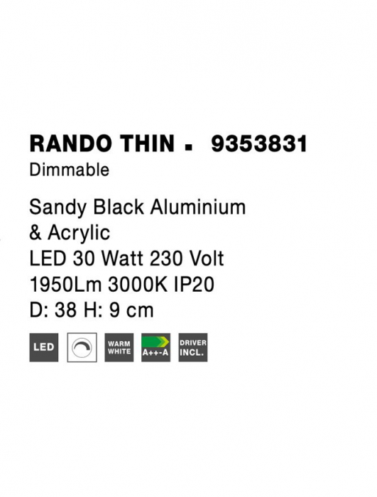 9353831 Plafoniera Nova Luce RANDO THIN LED 30W 1845lm 3000K Aluminium & Acrylic Sandy Black Dimabil Triac IP20 [8]