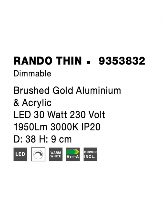 9353832 Plafoniera Nova Luce RANDO THIN LED 30W 1845lm 3000K Aluminium & Acrylic Brushed Gold Dimabil Triac IP20 [8]