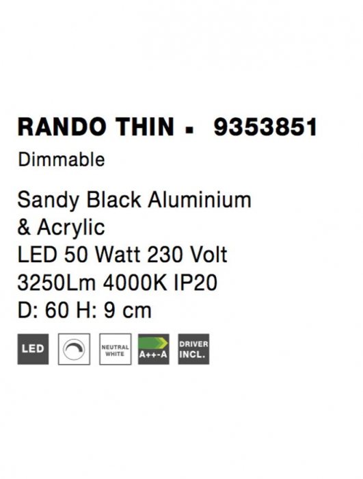 9353851 Plafoniera Nova Luce RANDO THIN LED 50W 2864lm 4000K Aluminium & Acrylic Sandy Black Dimabil Triac IP20 [6]