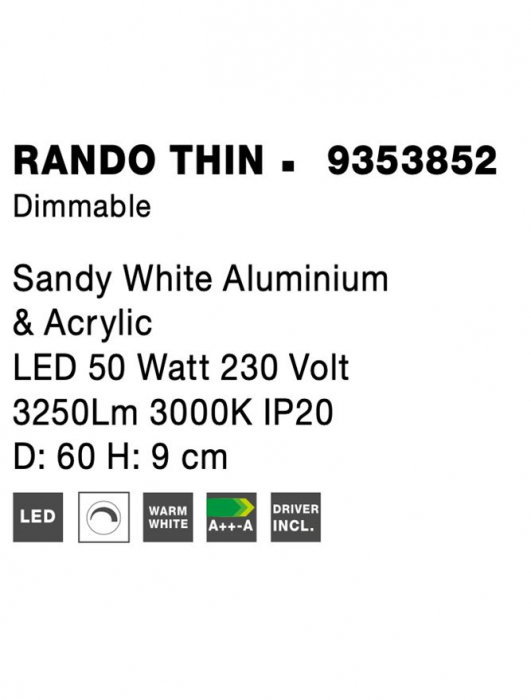 9353852 Plafoniera Nova Luce RANDO THIN LED 50W 2864lm 3000K Aluminium & Acrylic Sandy White Dimabil Triac IP20 [6]