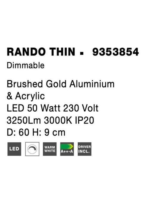 9353854 Plafoniera Nova Luce RANDO THIN LED 50W 2864lm 3000K Aluminium & Acrylic Brushed Gold Dimabil Triac IP20 [8]
