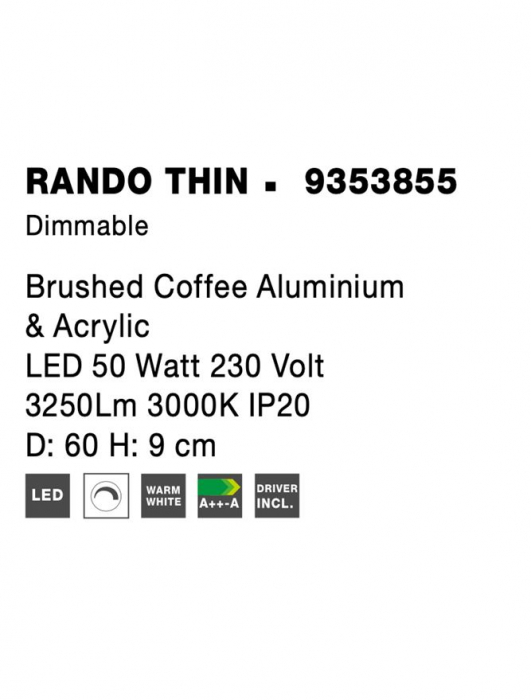 9353855 Plafoniera Nova Luce RANDO THIN LED 50W 2864lm 3000K Aluminium & Acrylic Brushed Coffee Dimabil Triac IP20 [9]