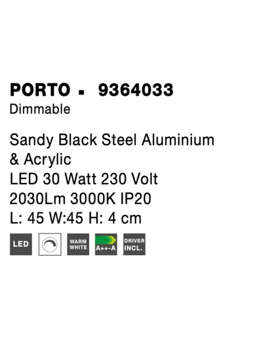 9364033 Plafoniera Nova Luce PORTO LED 30W 1234lm 3000K IP20 Aluminiu/Acril Sandy Black NOVALUCE [7]
