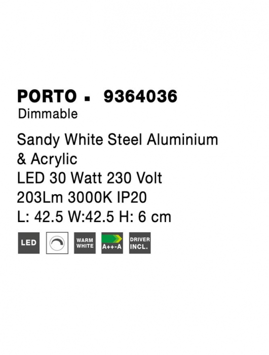 9364036 Plafoniera Nova Luce PORTO LED 30W 2030lm 3000K Aluminium & Acrylic Sandy White Dimabil Triac IP20 [8]