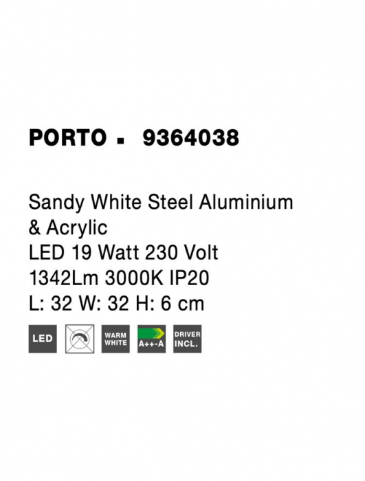 9364038 Plafoniera Nova Luce PORTO LED 19W 1342lm 3000K IP20 Aluminiu/Acril Sandy White NOVALUCE [9]
