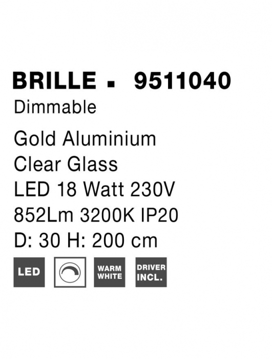9511040 Lustra Nova Luce BRILLE LED 19W 1232lm 3200K  Aluminium & Acrylic Gold Dimabil Triac IP20 [6]