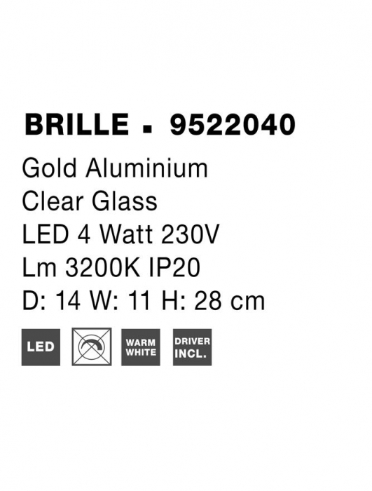 9522040 Aplica Nova Luce BRILLE LED 4W 205lm 3200K Aluminium & Acrylic Gold Nedimabil IP20 [9]