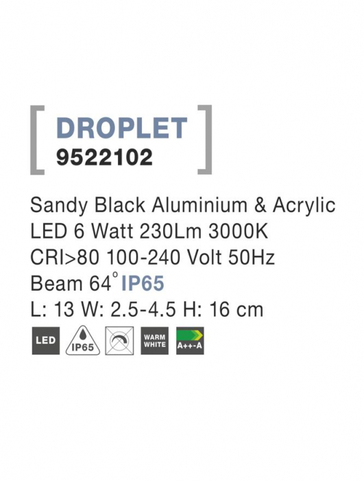 9522102 Aplica Nova Luce DROPLET LED 6W 230lm 3000K IP65 Aluminium & Acrylic Sandy Black Beam 64 degrees [3]