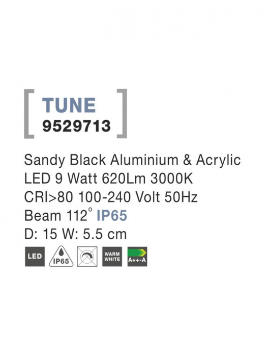 9529713 Aplica Nova Luce TUNE LED 9W 620lm 3000K IP65 Aluminium & Acrylic Sandy Black Beam 112 degrees [3]
