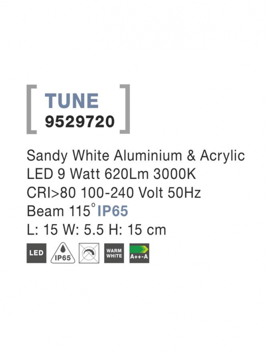 9529720 Aplica Nova Luce TUNE LED 9W 620lm 3000K IP65 Aluminium & Acrylic Sandy White Beam 115 degrees [3]