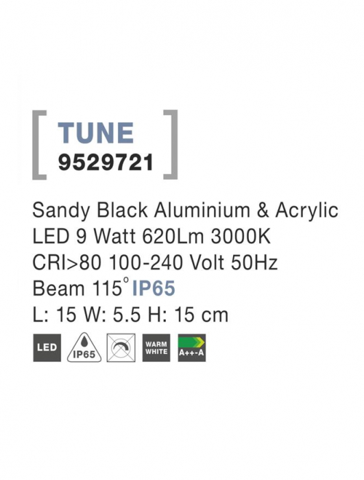 9529721 Aplica Nova Luce TUNE LED 9W 620lm 3000K IP65 Aluminium & Acrylic Sandy Black Beam 115 degrees [3]