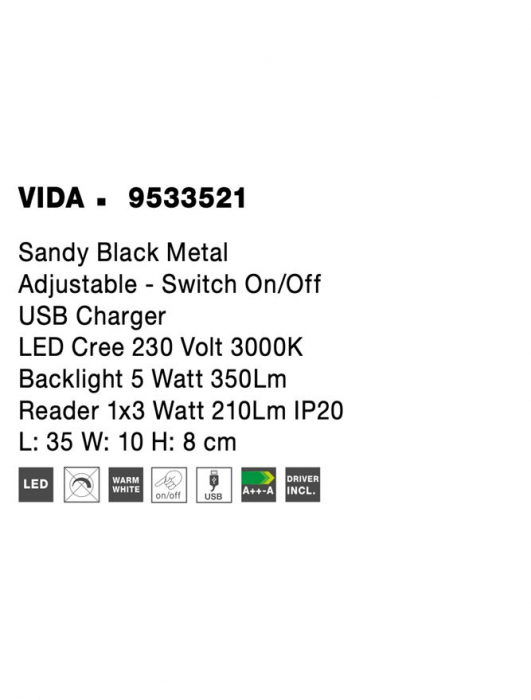 9533521 Aplica Nova Luce VIDA LED 5W 350lm 3000K Metal Sandy Black Nedimabil IP20 [8]