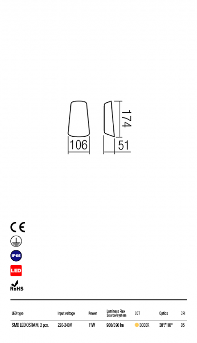 9534 Aplica REDO TWILL LED 11W 390lm 3000K IP65 Aluminiu Turnat Mat White Optics 30° / 110° CRI 85 [2]
