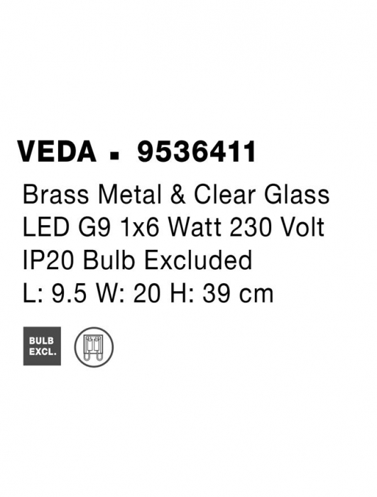 9536411 Aplica Nova Luce VEDA G9 1x6W   Metal & Clear Glass Brass   IP20 [7]