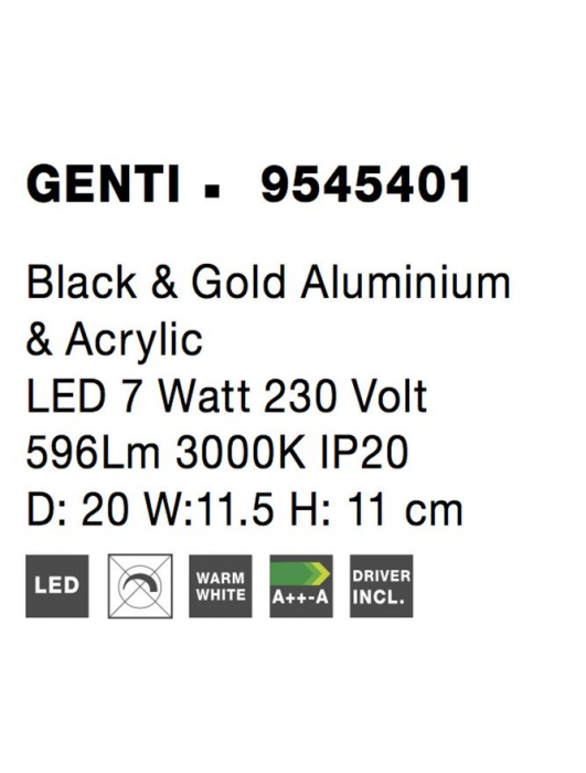 9545401 Aplica Nova Luce GENTI LED 7W 596lm 3000K IP20 Aluminiu/Acril Black/Gold [5]