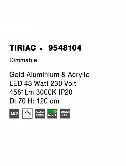 9548104 Lustra Nova Luce TIRIAC LED 43W 4581lm 3000K Aluminium & Acrylic Gold Dimabil Triac IP20 [6]