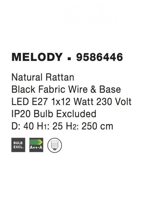 Pendul Nova Luce MELODY E27 1x12W   Natural Rattan Black Fabric Wire & Base  IP20 [9]
