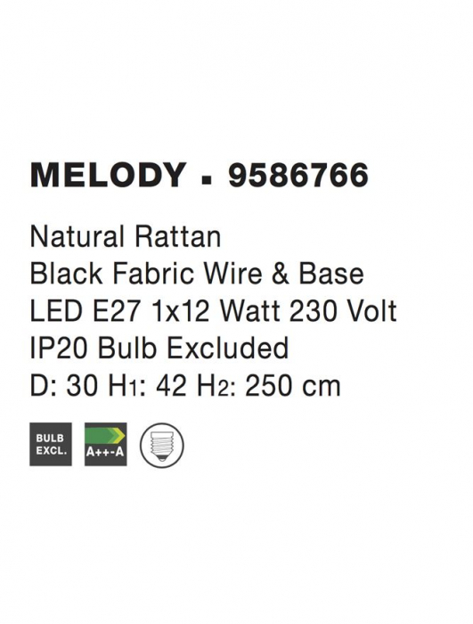 Pendul Nova Luce MELODY E27 1x12W   Natural Rattan Black Fabric Wire & Base  IP20 [8]