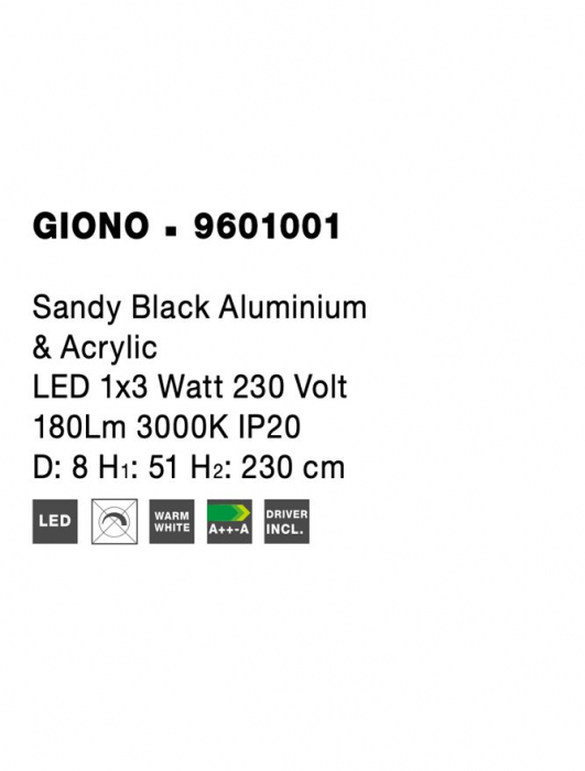 9601001 Pendul Nova Luce GIONO LED 3W 180lm 3000K IP20 Aluminiu/Acril Sandy Black [5]