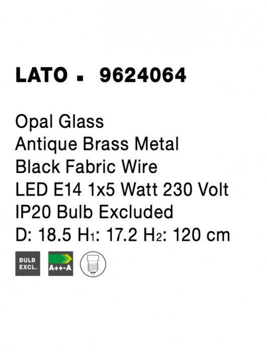9624064 Pendul Nova Luce LATO E14 1X5W IP20 Glass/Metal Antique Brass Black Fabric Wire [5]