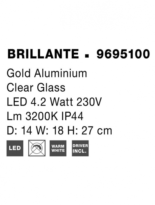9695100 Aplica Nova Luce BRILLANTE LED 4W 205lm 3200K Aluminium & Acrylic Gold Nedimabil IP20 [7]
