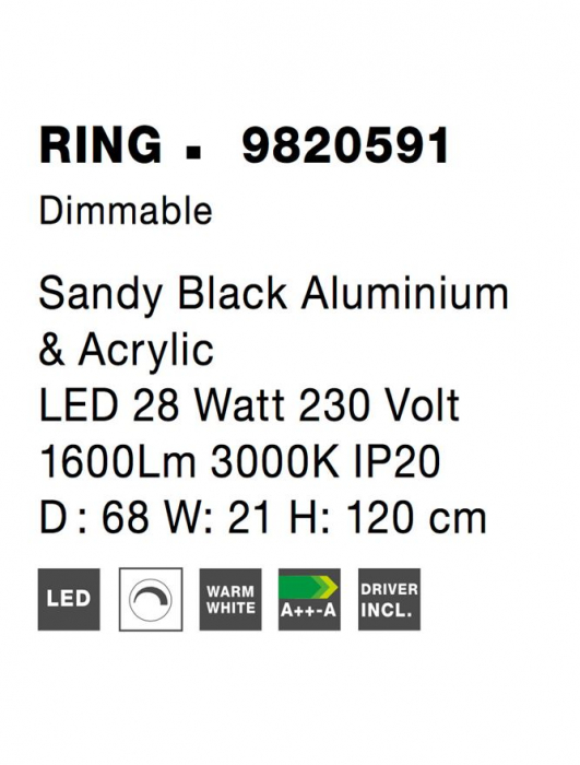9820591 Suspensie Nova Luce RING LED 28W 1600lm 3000K IP20 Aluminiu/Acril Sandy Black [8]