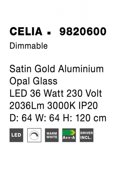 9820600 Suspensie Nova Luce CELIA LED 36W 2036lm 3000K IP20 Aluminiu Sticla Satin Gold [8]