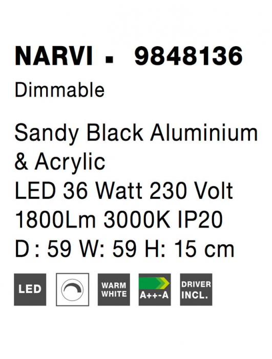 9848136 Plafoniera Nova Luce NARVI LED 36W 1800lm 3000K IP20 Aluminiu/Acril Sandy Black [7]