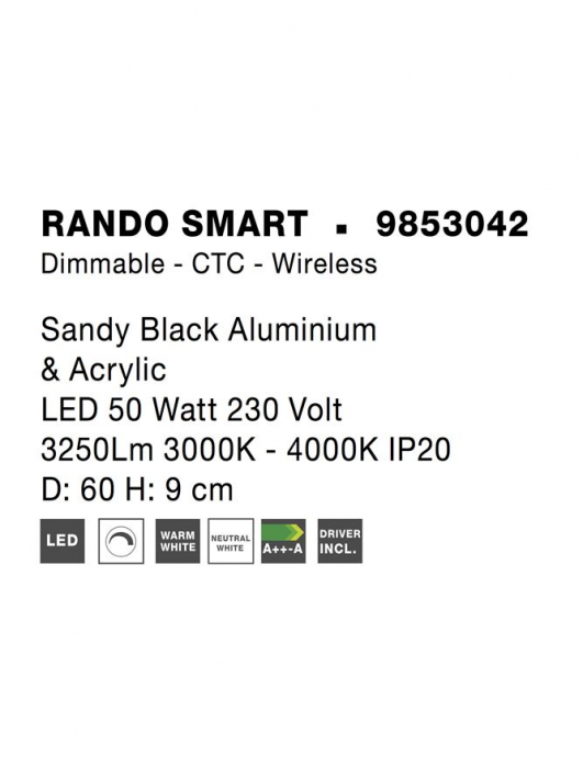 9853042 Plafoniera Nova Luce RANDO SMART LED 50W 2864lm 3000K Aluminium & Acrylic Sandy Black Dimabil CCT IP20 [8]