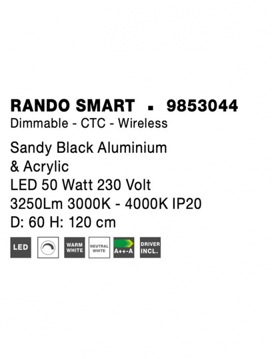 9853044 Lustra Nova Luce RANDO SMART LED 50W 2864lm 3000K Aluminium & Acrylic Sandy Black Dimabil CCT IP20 [8]