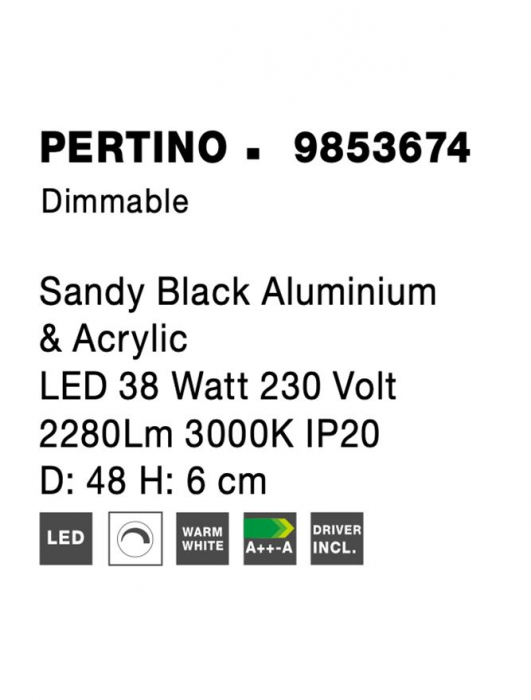 9853674 Plafoniera Nova Luce PERTINO LED 40W 2554lm 3000K Aluminium & Acrylic Sandy Black Dimabil Triac IP20 [7]