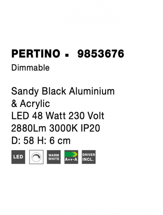 9853676 Plafoniera Nova Luce PERTINO LED 50W 3134lm 3000K Aluminium & Acrylic Sandy Black Dimabil Triac IP20 [9]