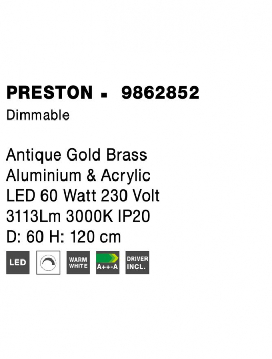 9862852 Suspensie Nova Luce PRESTON LED 60W 3113lm 3000K IP20 Aluminiu/Acril  Antique Gold Brass [7]