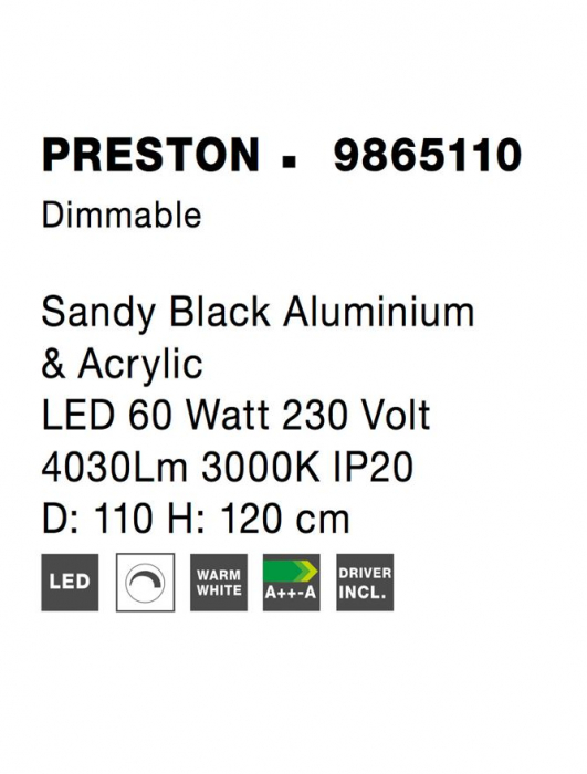 9865110 Suspensie Nova Luce PRESTON LED 60W 4030lm 3000K IP20 Aluminiu/Acril Sandy Black [6]