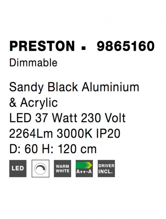 9865160 Suspensie Nova Luce PRESTON LED 37W 2264lm 3000K IP20 Aluminiu/Acril Sandy Black [7]