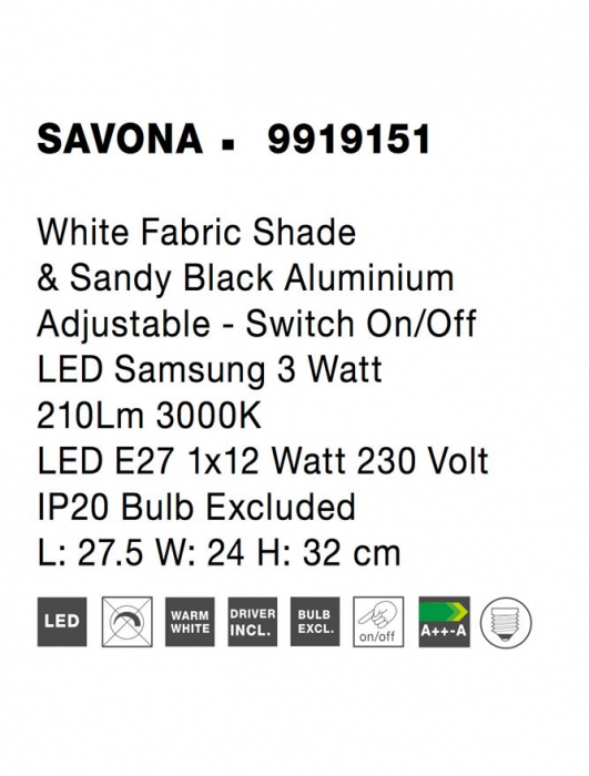 9919151 Aplica Nova Luce SAVONA LED 3W 210lm 3000K Aluminium & Fabric Shade Sandy Black Nedimabil IP20 [9]