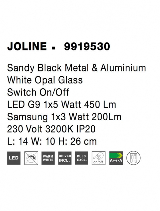 9919530 Aplica Nova Luce JOLINE G9 3W 200lm 3000K IP20 Glass/Metal Sandy Black White Opal [7]