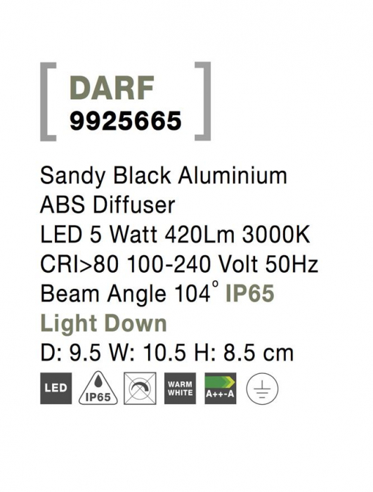 9925665 Aplica Nova Luce DARF LED 5W 420lm 3000K IP65 Aluminium ABS Diffuser Sandy Black CRI>80 Beam Angle 104° Light Down [6]