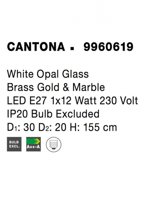 9960619 Lampadar Nova Luce CANTONA E27 1x12W IP20 Glass White Opal Gold [6]