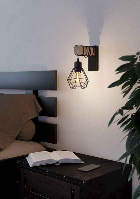 Aplica EGLO Townshend 5 44078 E27 1X60W 220-240V,50/60Hz L 140mm x H 275mm otel/lemn negru/maro  IP20 [4]